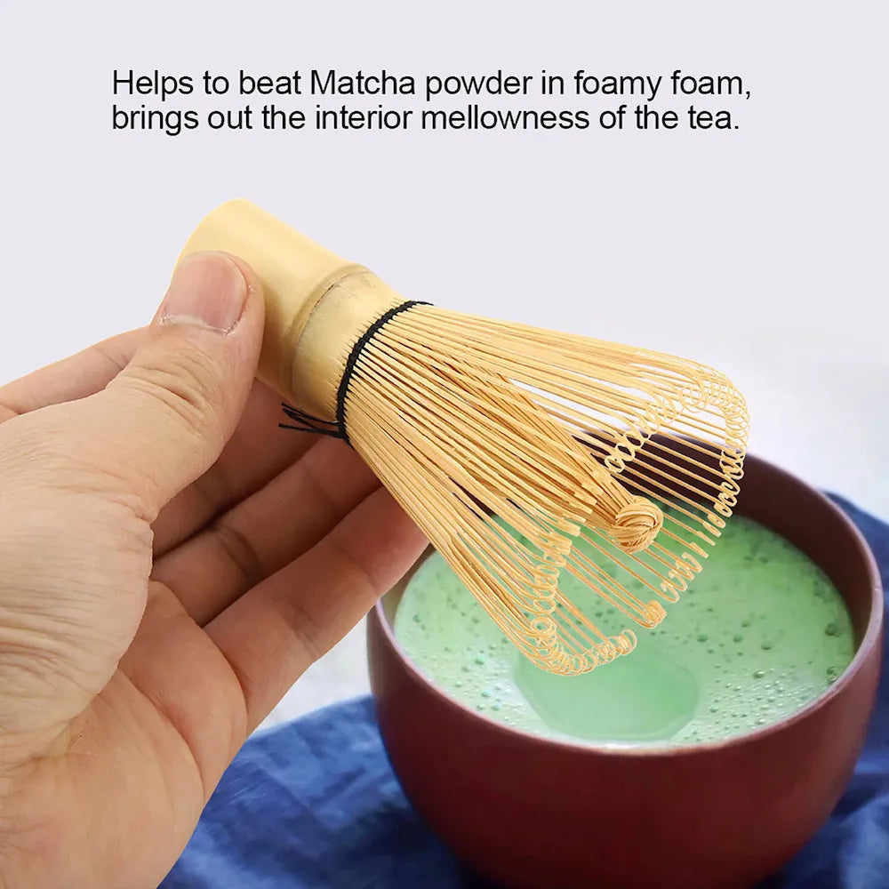Handcrafted bamboo matcha whisk for preparing smooth, frothy matcha in a bowl.