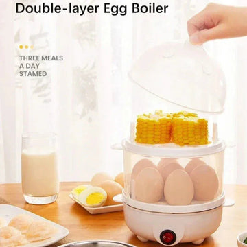 Double Tier Egg Cooker in use, steaming eggs and corn, modern kitchen appliance for easy meal prep.